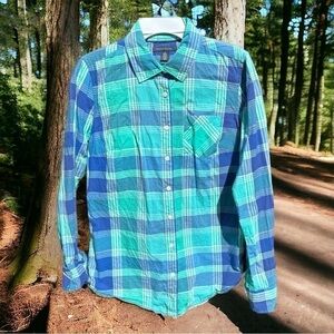 TOMMY HILFIGER~WOMENS~BUTTON-UP SHIRT~PLAID COTTON~LONG SLEEVE~TC